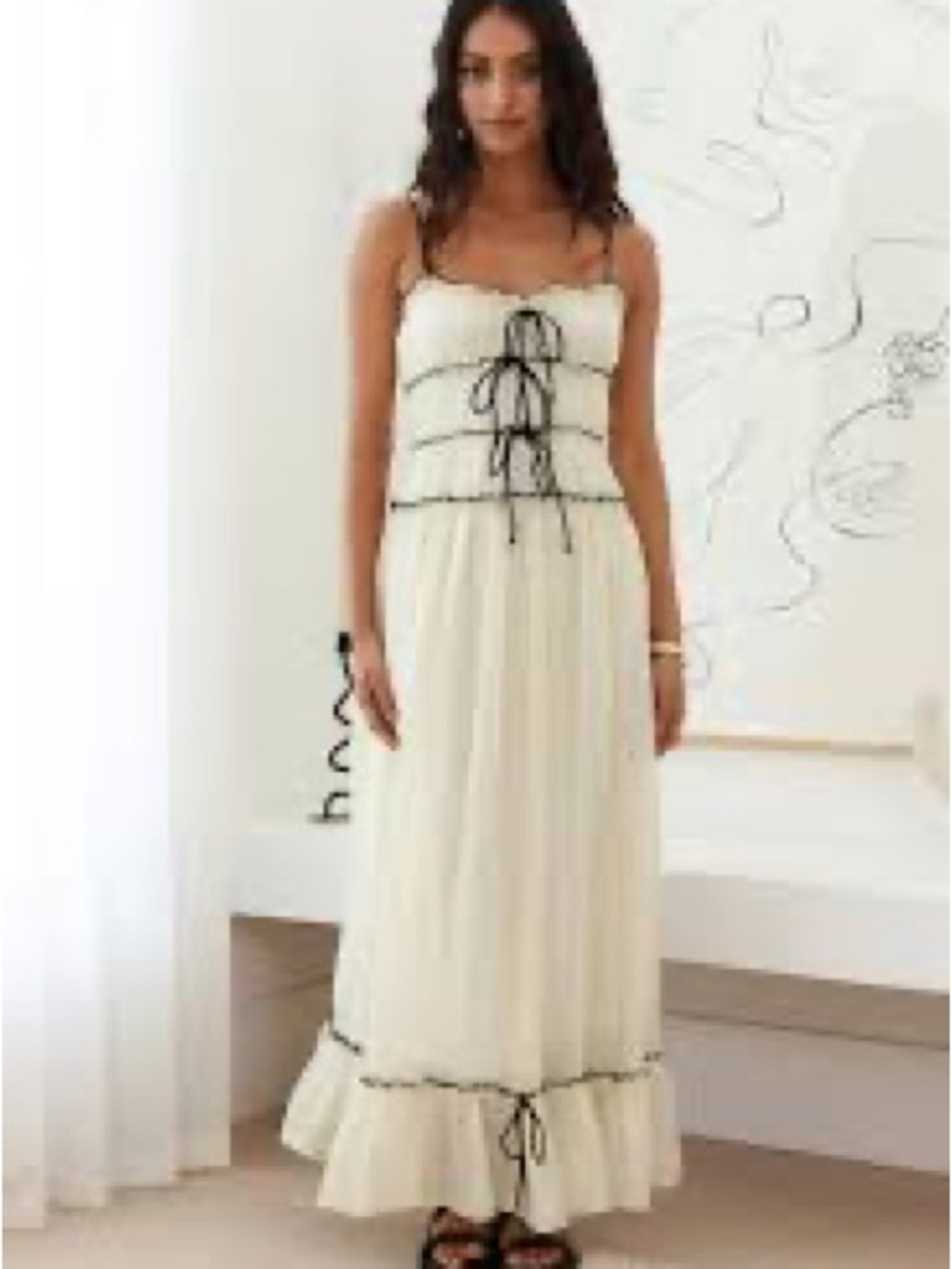Cream Maxi Dress with Black Tie and Trim
